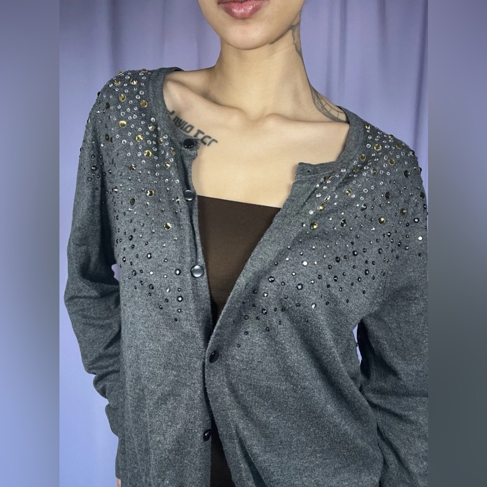 Merona Grey Rhinestone Open Cardigan Womens Size XL Button Up Y2K 2000s Chic
